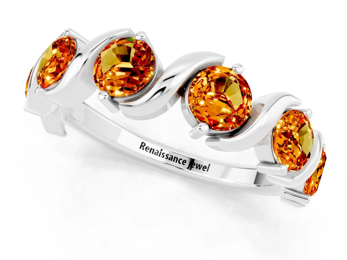 Six-Stone Round Citrine Wave Band with Shared Prong Setting Platinum
