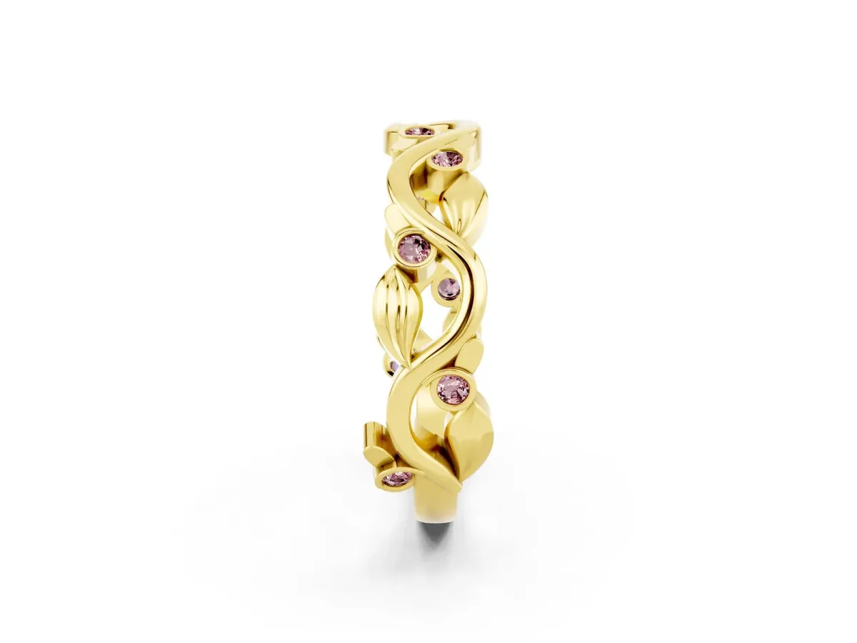 Round Morganite Leaf Eternity Band with Bezel Setting Yellow gold