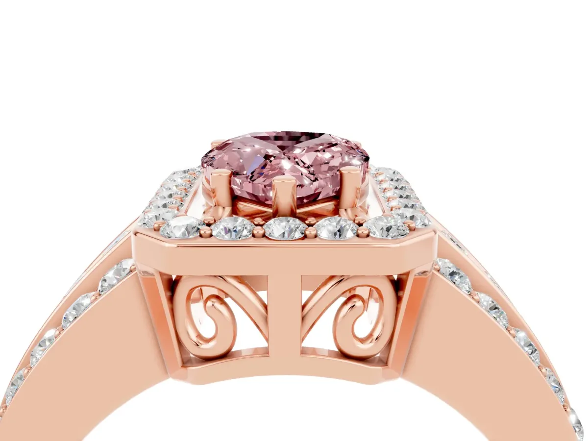Pear Cut Halo Morganite Ring with Round Split Shank and Prong Setting Rose gold