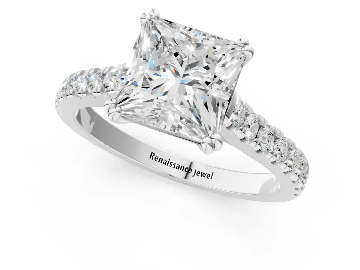 Princess Cut Solitaire Pave Diamond Engagement Ring with Prong Setting White gold
