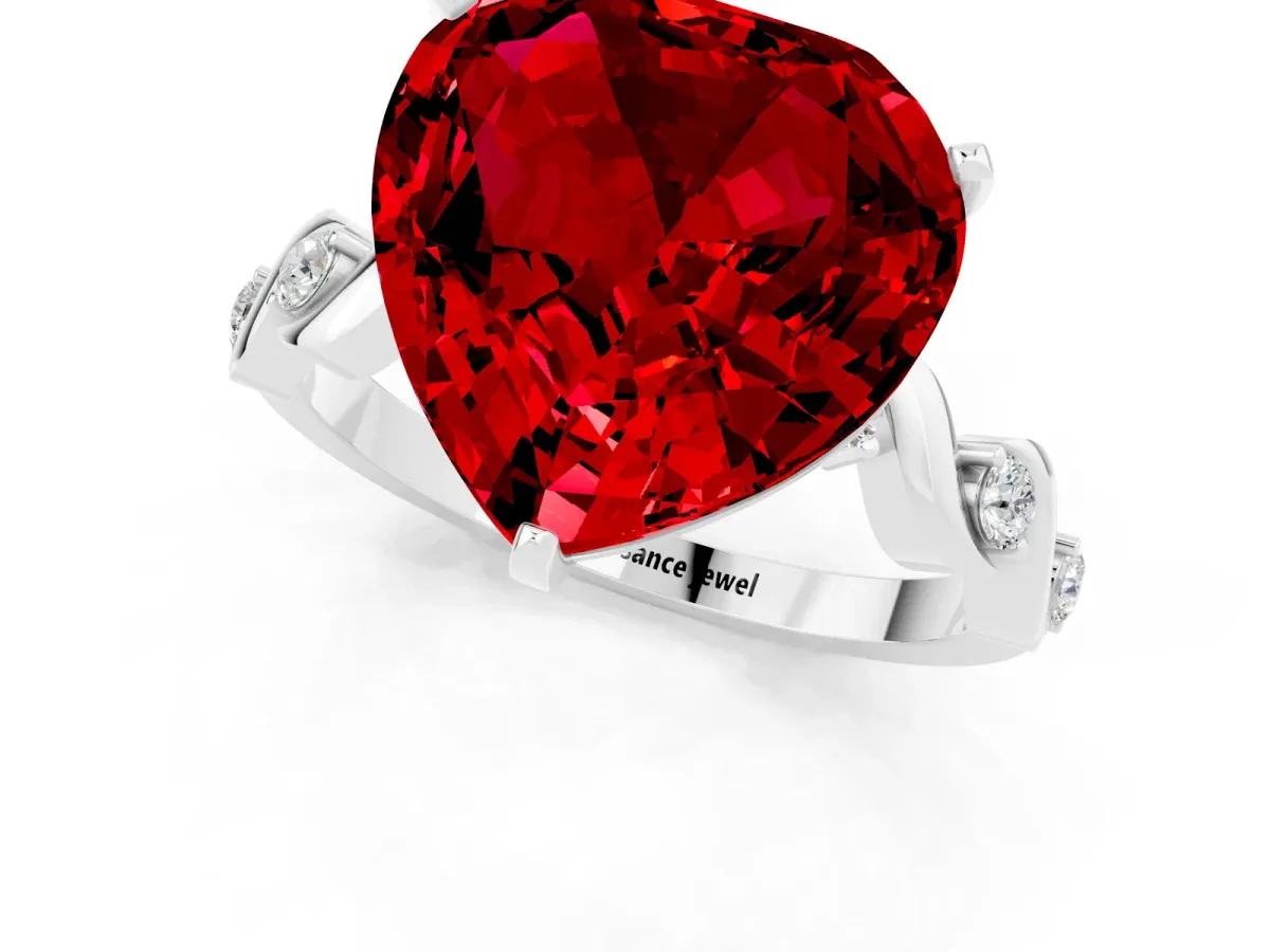 Heart Cut Ruby Solitaire Twisted Band with Round Accents and Prong Setting White gold