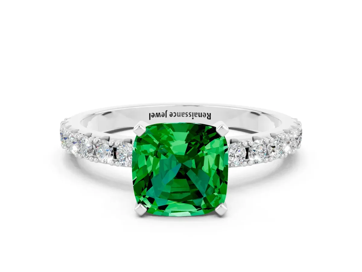 Cushion Cut Emerald Solitaire Pavé Band with Four-Prong Setting White gold