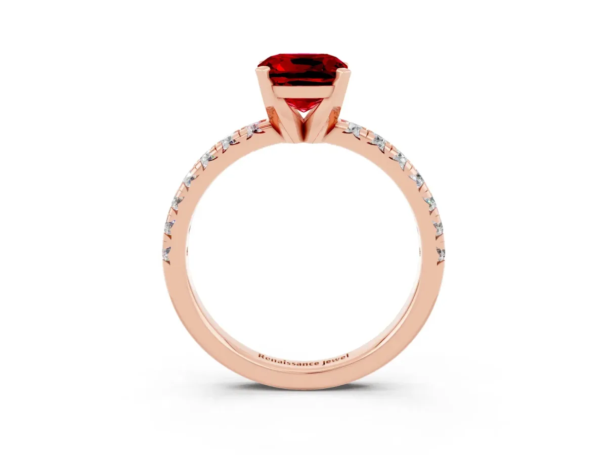 Cushion Cut Ruby Solitaire Pavé Engagement Ring with Round Band and Prong Setting Rose gold