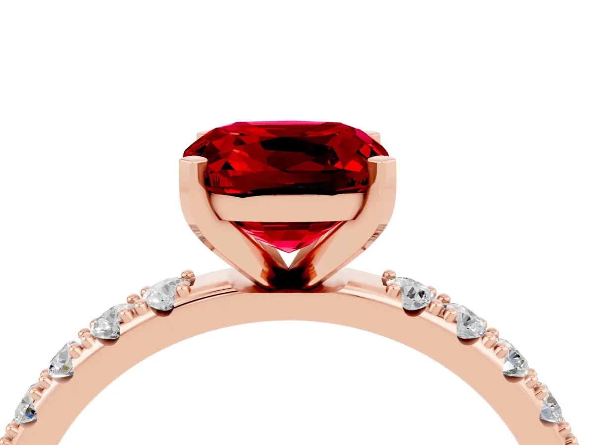 Cushion Cut Ruby Solitaire Pavé Band with Four-Prong Setting Rose gold