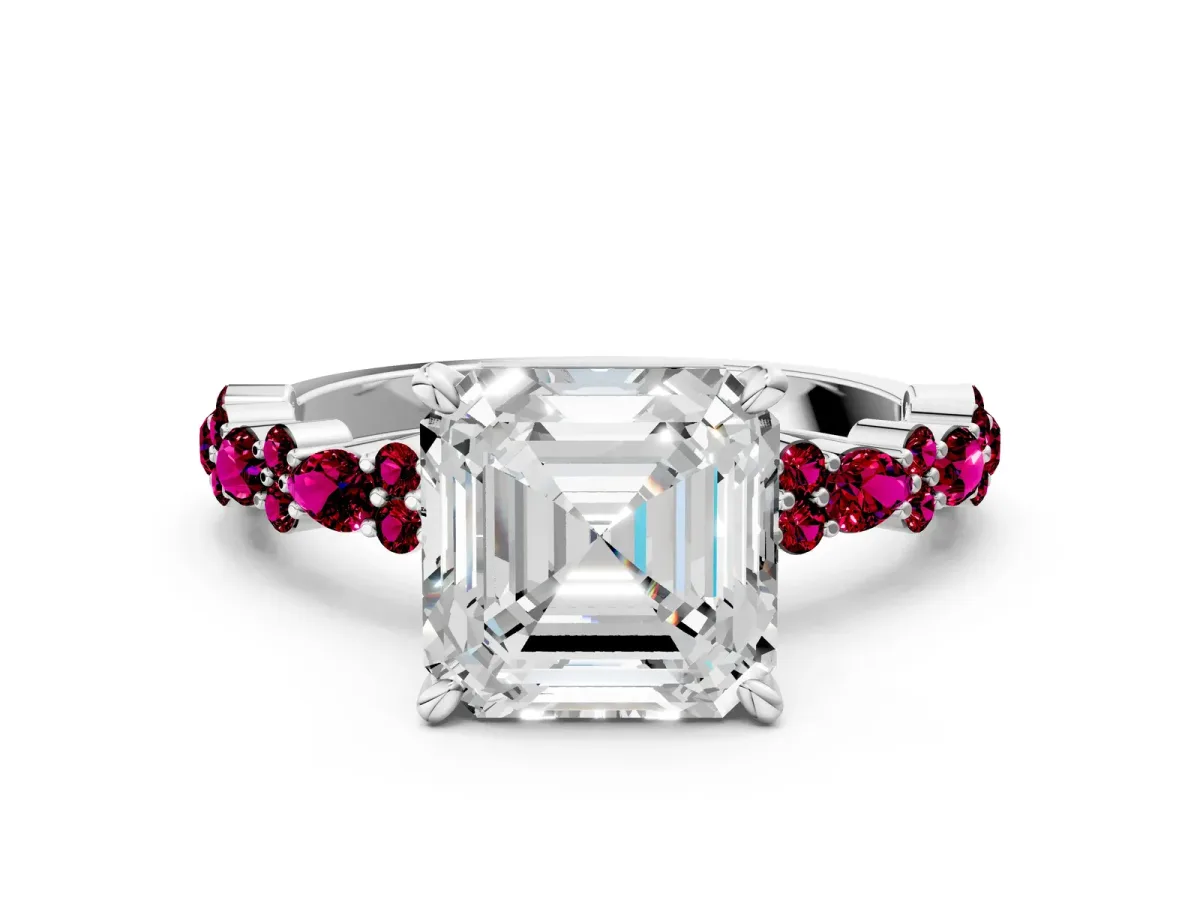 Asscher Cut Diamond Side Stone Solitaire Ring with Round Garnet and Four-Prong Setting Silver