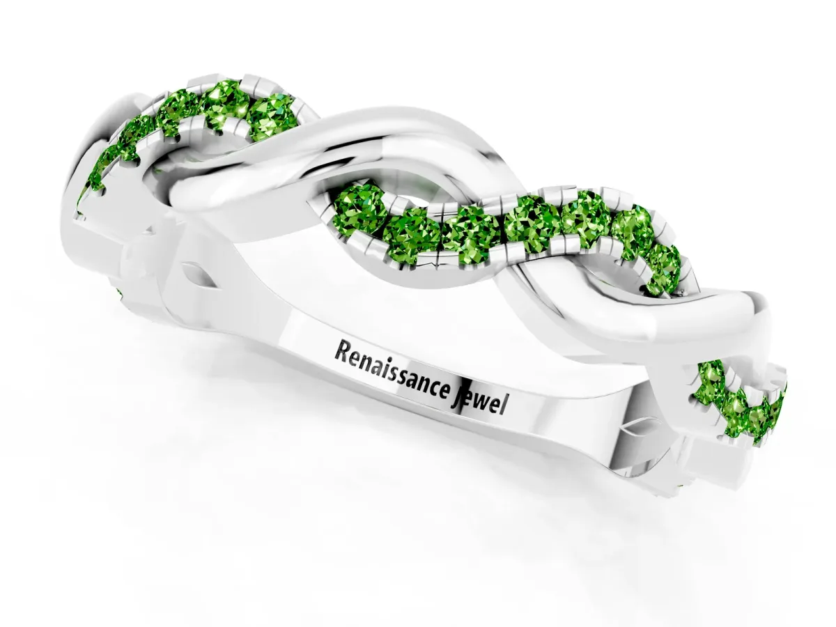 Pavé Round Peridot Twist Eternity Band with Shared Prong Setting Silver