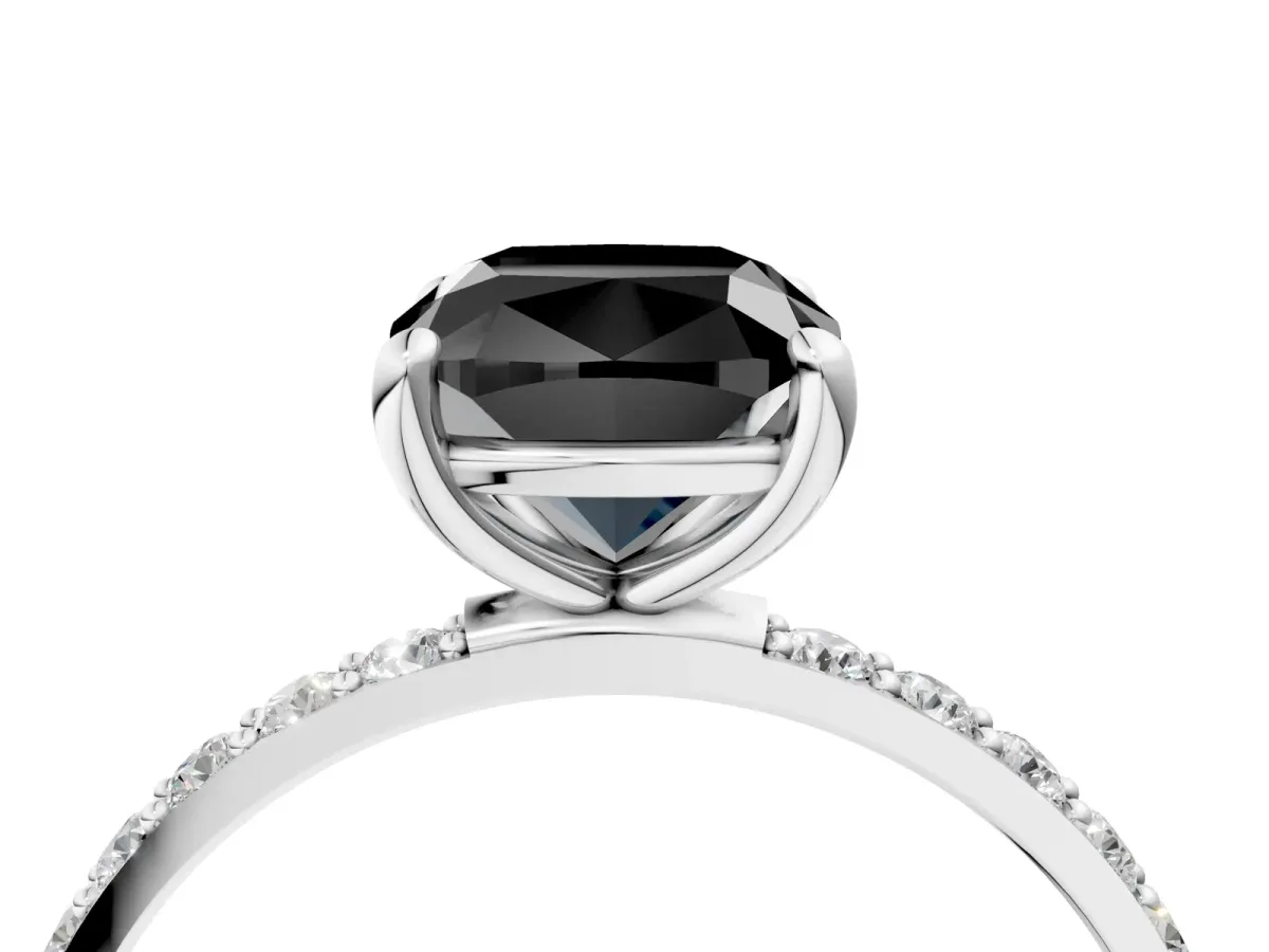 Fancy Black Cushion Cut Diamond Solitaire Ring with Round Pavé Band and Prong Setting Silver