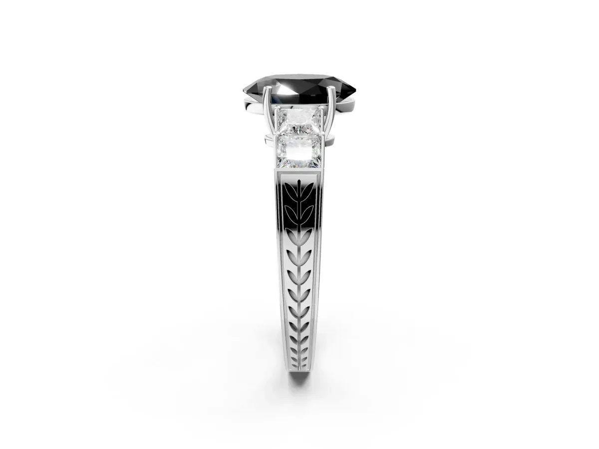 Fancy Black Oval Cut Solitaire Princess Side Stone Engraved Band Prong Setting Ring Platinum