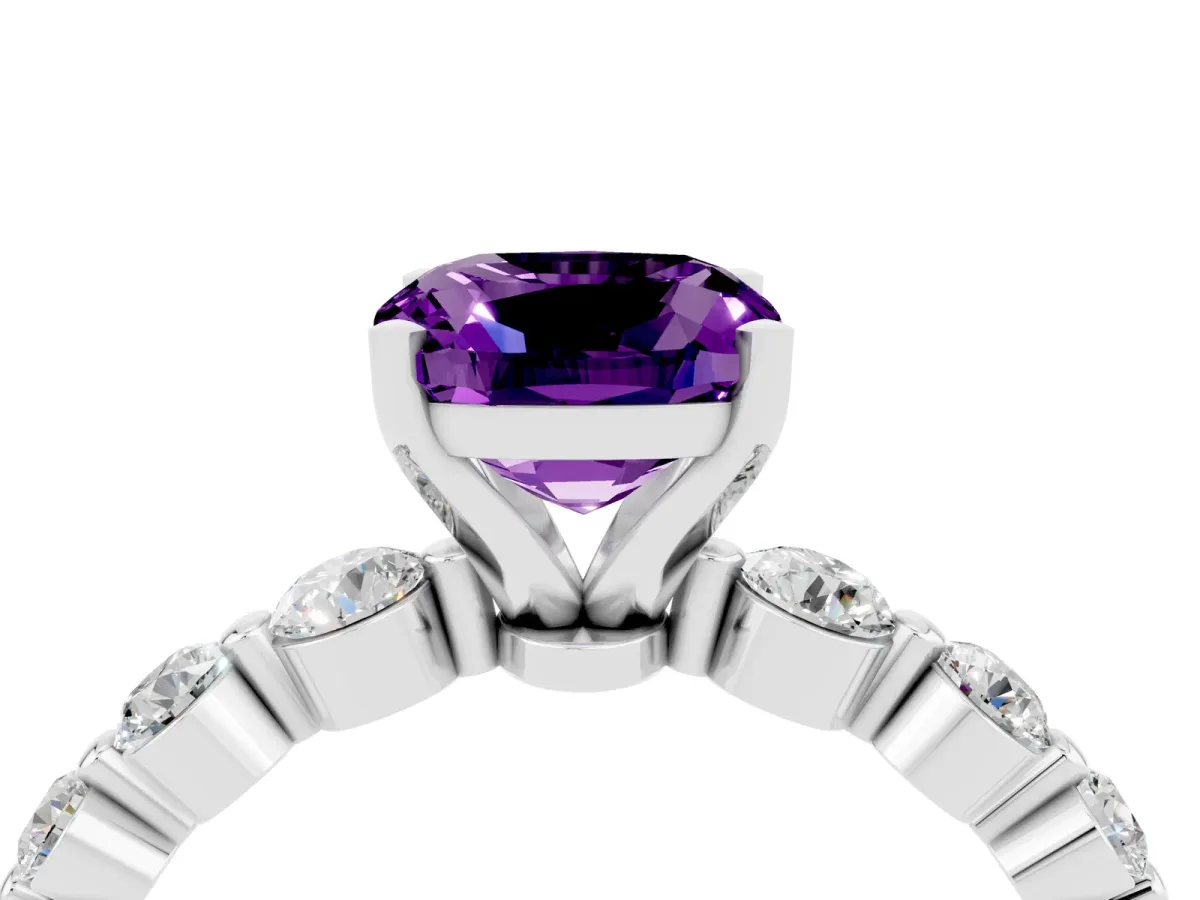 Cushion Cut Solitaire Amethyst Ring with Pave Band and Four-Prong Setting Platinum