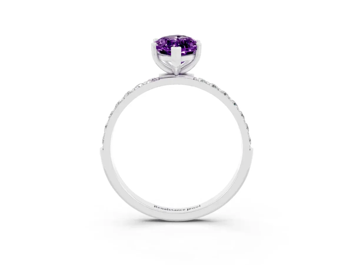 Marquise Cut Amethyst Solitaire Ring with Round Pavé Band and Prong Setting Silver
