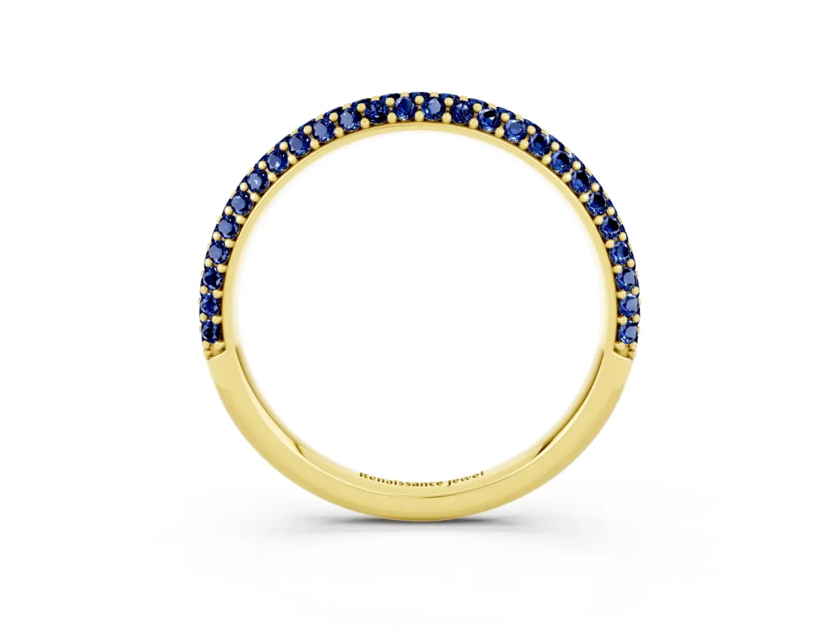 Round Blue Sapphire Pavé Eternity Band with Shared Prong Setting Yellow gold