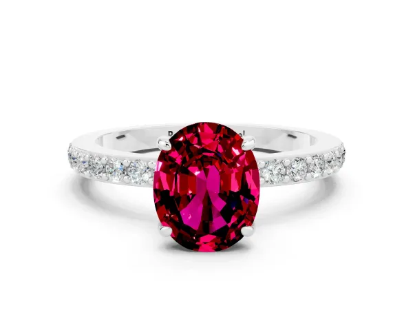 Oval Cut Garnet Solitaire Engagement Ring with Pavé Band and Four-Prong Setting White gold