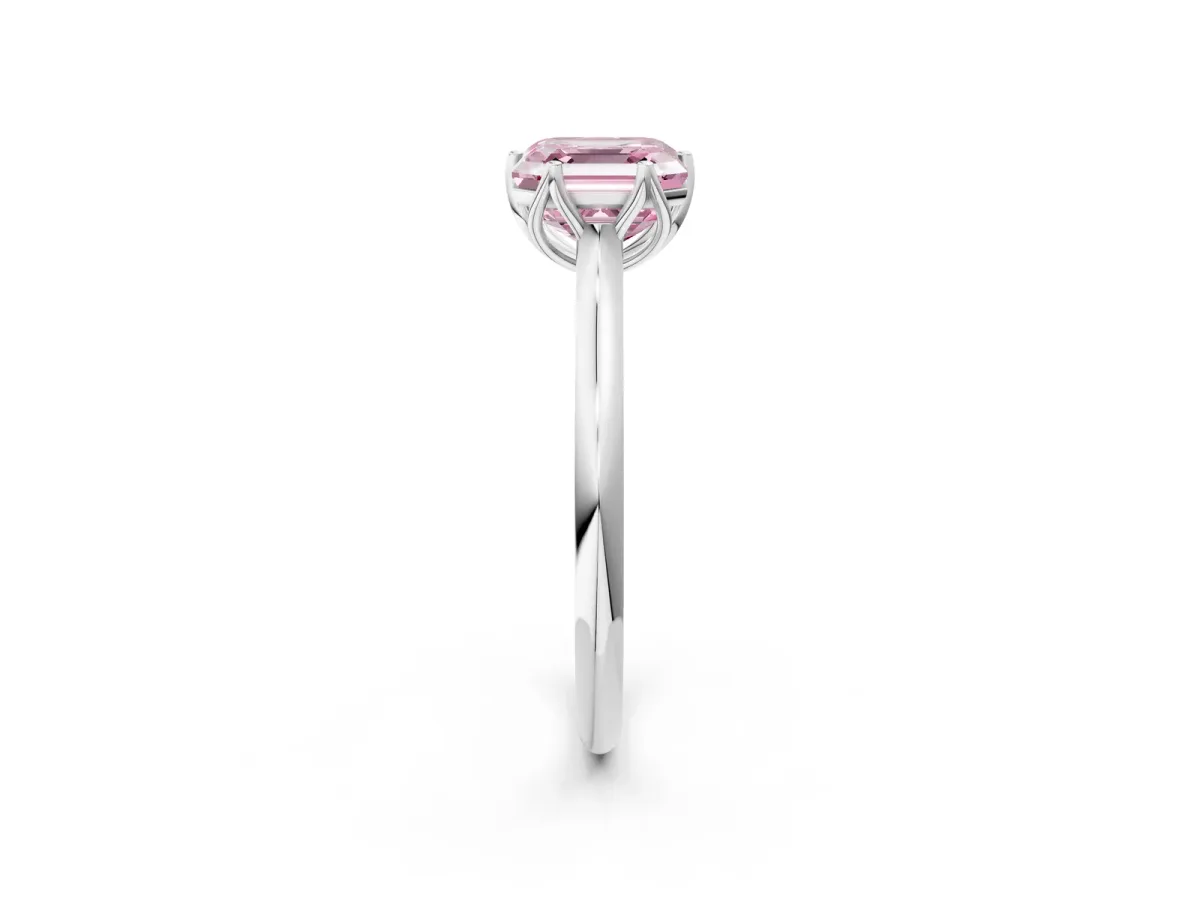 Fancy Pink Asscher Cut Solitaire Cathedral Diamond Ring with Six-Prong Setting Platinum