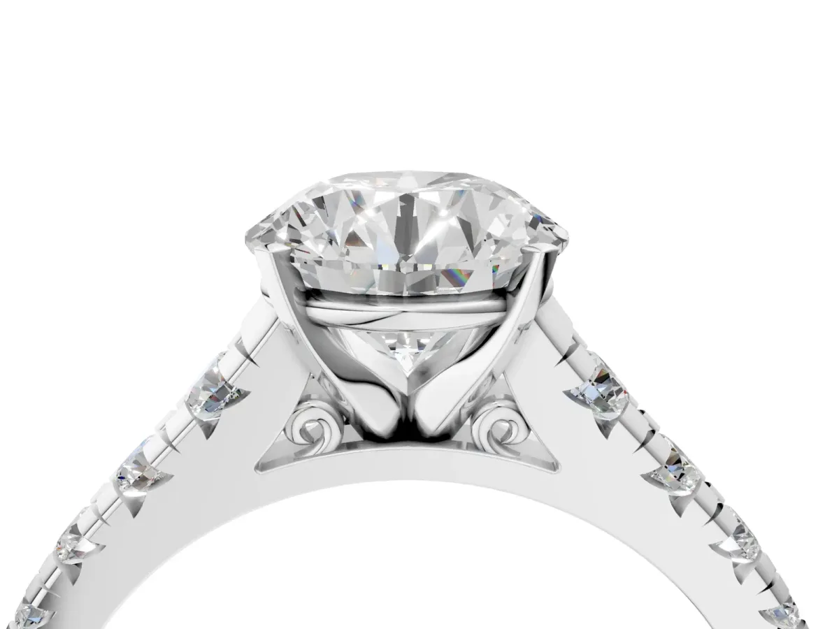 Round Cut Diamond Cathedral Solitaire Ring with Round Pavé Band Platinum