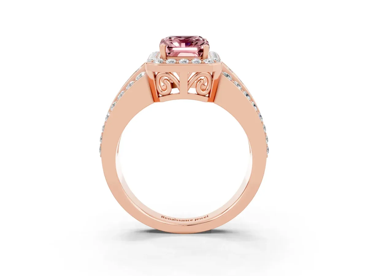 Emerald Cut Halo Morganite Ring with Round Split Shank and Prong Setting Rose gold