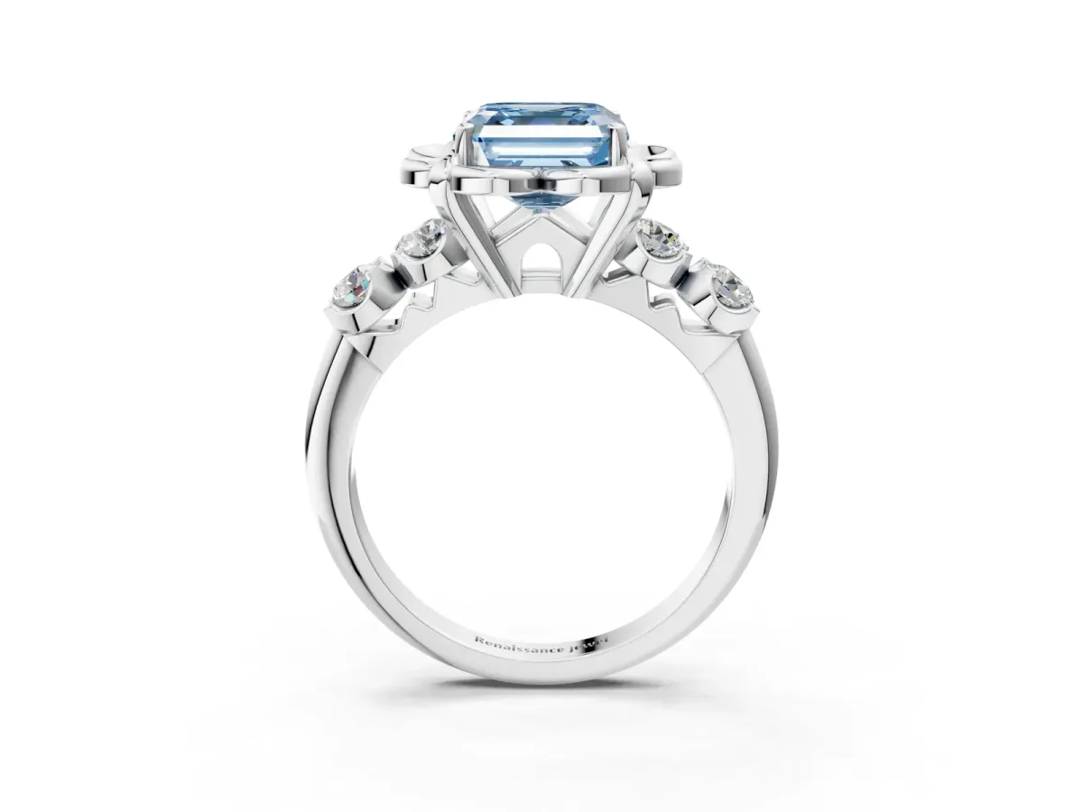 Fancy Blue Asscher Cut Cut Diamond Floral Halo Engagement Ring with Shared Prong Setting Silver