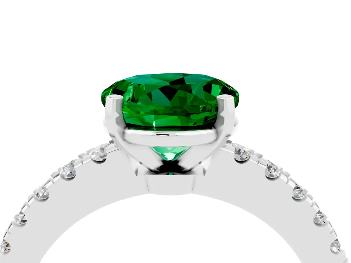 Round Cut Solitaire Emerald with Pavé Band and Four-Prong Setting Platinum