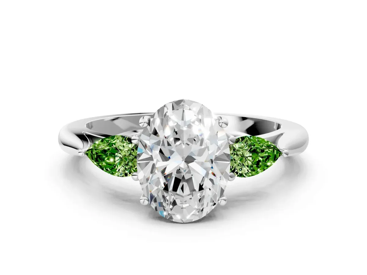 Oval Cut Diamond Three-Stone Ring with Pear Peridot Side Stones and Prong Setting Silver
