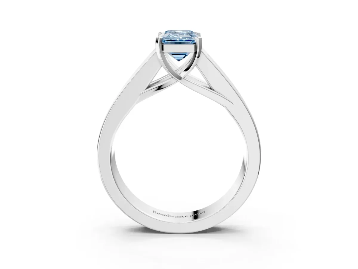 Fancy Blue Emerald Cut Cut Channel Set Solitaire Ring with Four-Prong Setting Platinum