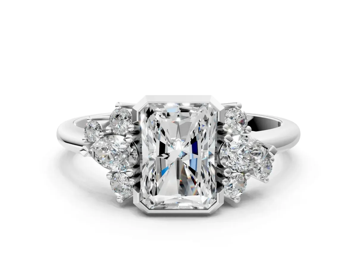 Radiant Diamond Engagement Ring with Pear and Round Side Stones Platinum