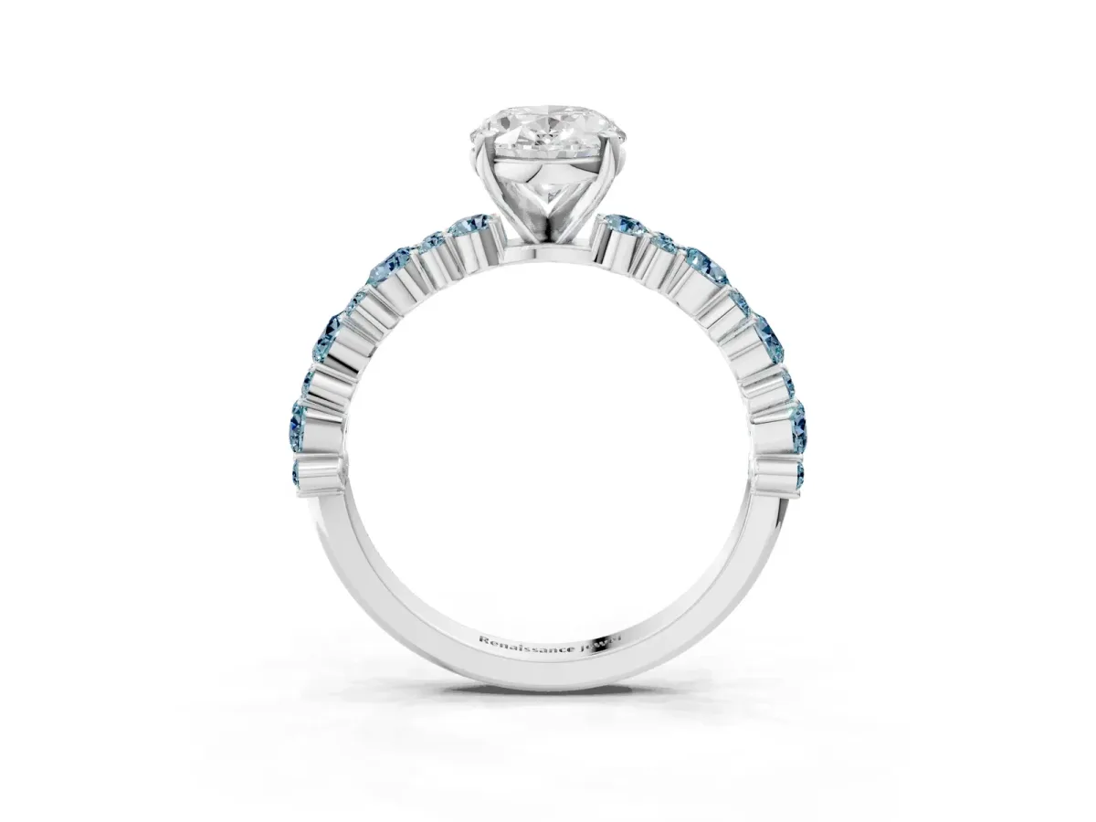 Oval Cut Diamond Side Stone Solitaire Ring with Round Aquamarine and Four-Prong Setting Silver