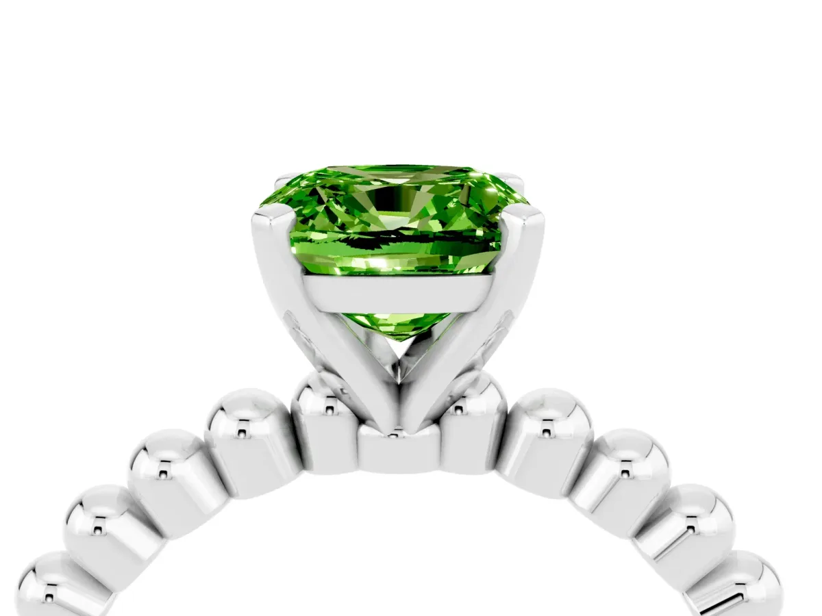 Cushion Cut Peridot Solitaire Ring with Beaded Band and Prong Setting Silver