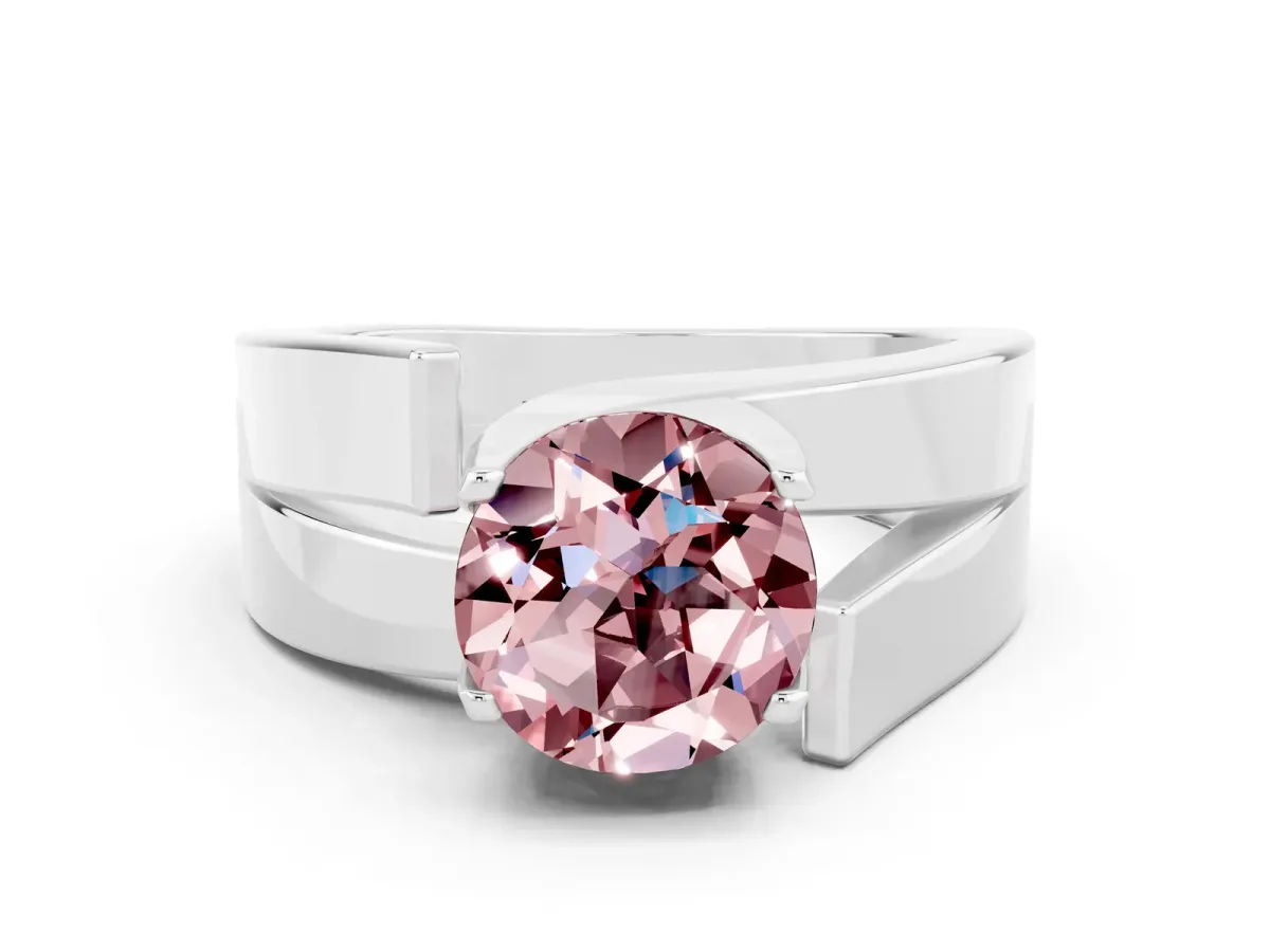 Modern Tension Set Round Cut Morganite Solitaire Wide Band Ring Platinum