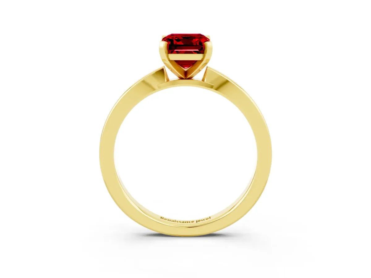 Emerald Cut Ruby Solitaire Engagement Ring with Classic Band and Four-Prong Setting Yellow gold