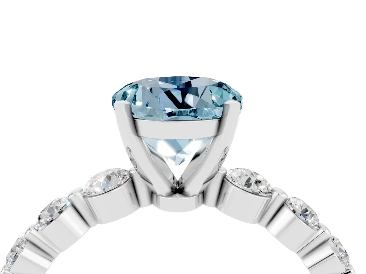 Round Cut Solitaire Aquamarine Ring with Pave Band and Four-Prong Setting Silver