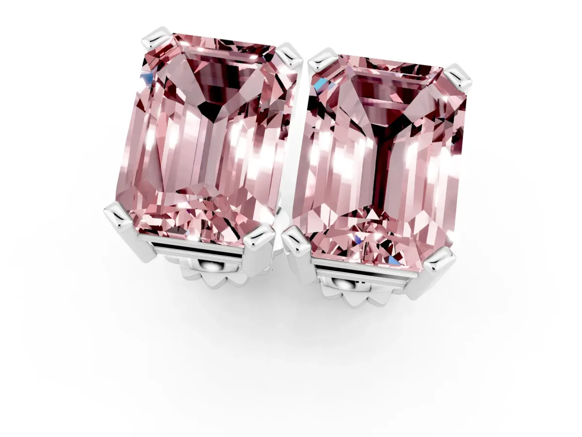 Emerald Cut Morganite Stud Earrings Silver
