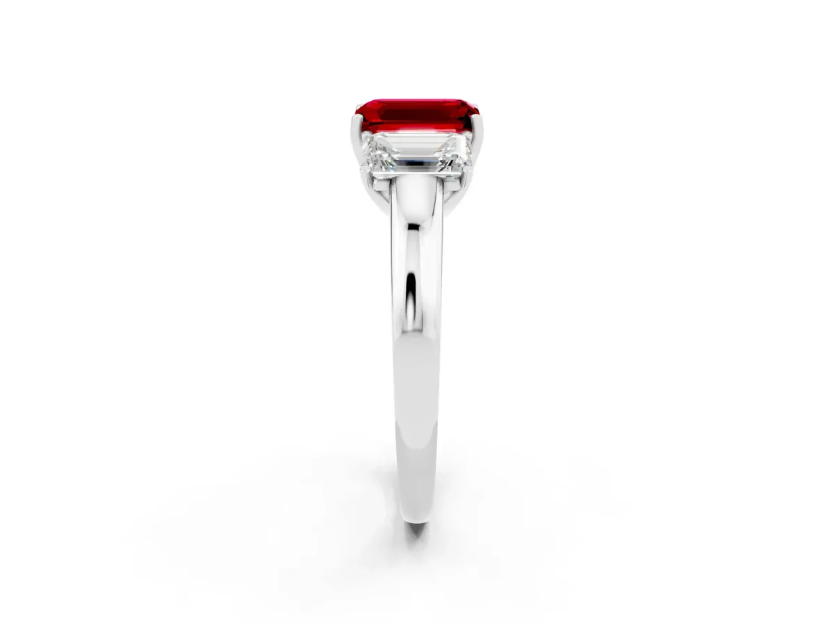 Emerald Cut Ruby Three-Stone Ring with Four-Prong Setting and Classic Band Silver