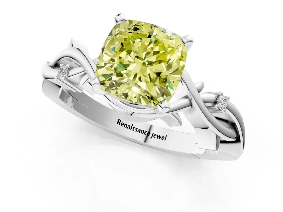 Fancy Yellow Cushion Cut Diamond Solitaire Ring with Twisted Band and Prong Setting Platinum