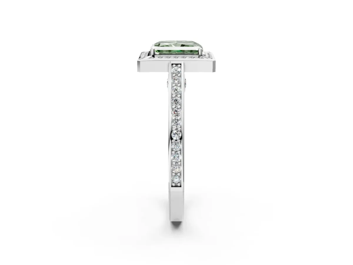 Fancy Green Radiant Cut Cut Halo Pave Split Shank Prong Setting Ring Platinum