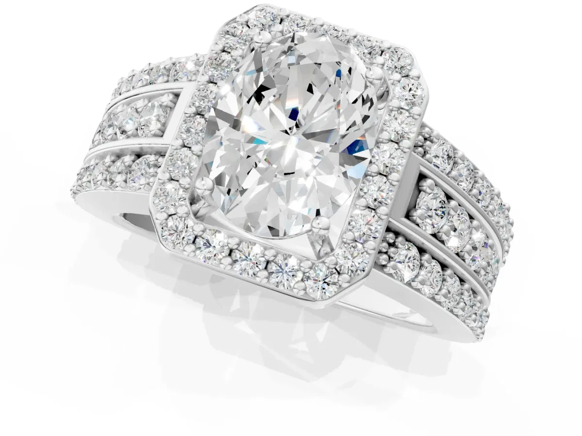 Oval Cut Halo Diamond Ring with Round Moissanite Split Shank and Prong Setting Silver