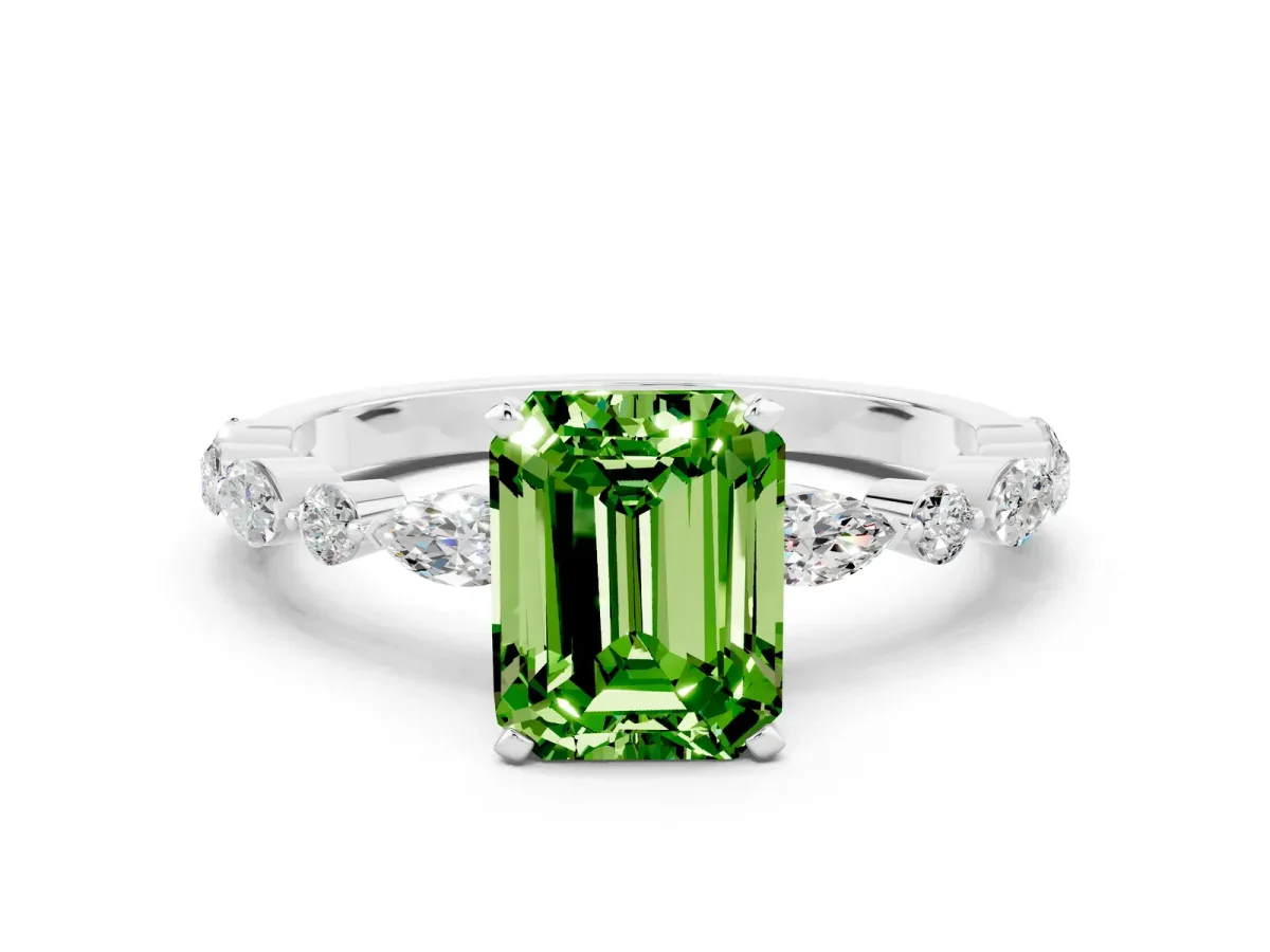 Emerald Cut Peridot Ring with Marquise and Round Side Stones and Four-Prong Setting Silver