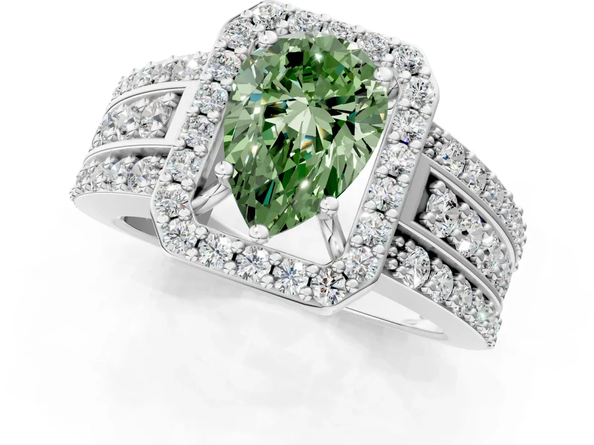 Fancy Green Pear Cut Halo Diamond Ring with Round Split Shank and Prong Setting Silver