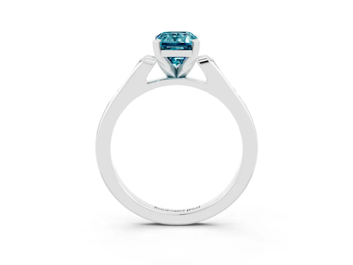 Emerald Cut Blue Topaz Solitaire Ring with Channel Set Round Band and Prong Setting Silver