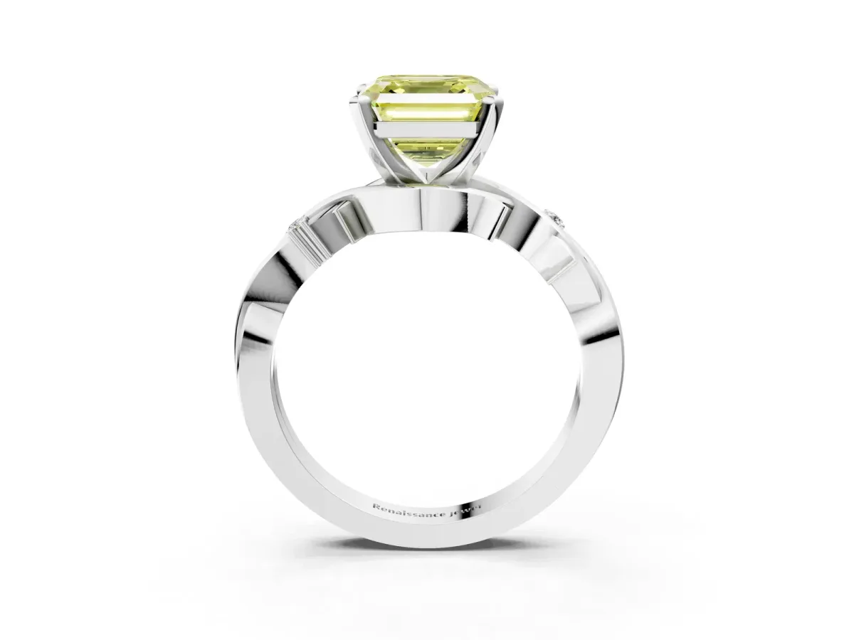Fancy Yellow Asscher Cut Diamond Solitaire Ring with Twisted Band and Prong Setting Silver