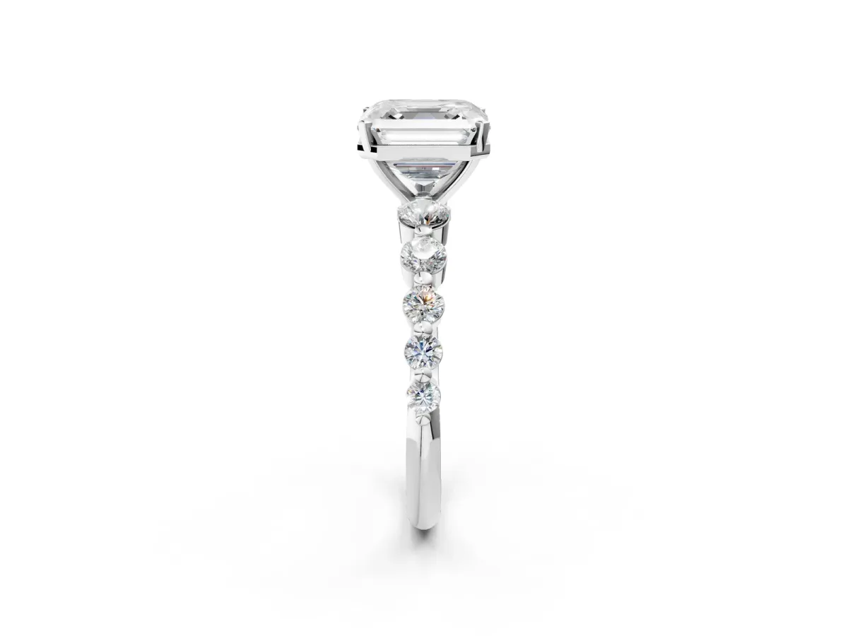 Asscher Cut Solitaire Diamond Ring with Pave Band and Four-Prong Setting Platinum