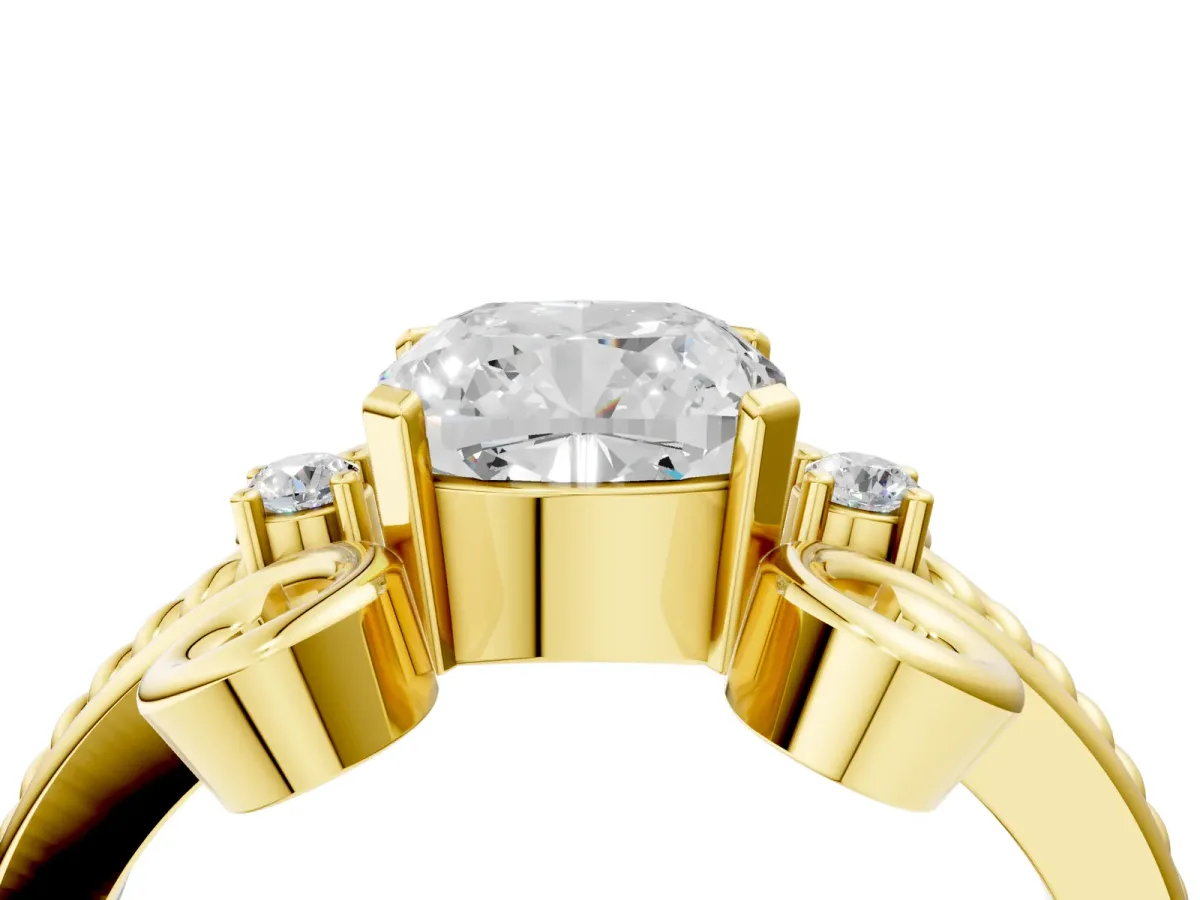 Cushion Cut Solitaire Twisted Band Scroll Prong Ring Yellow gold