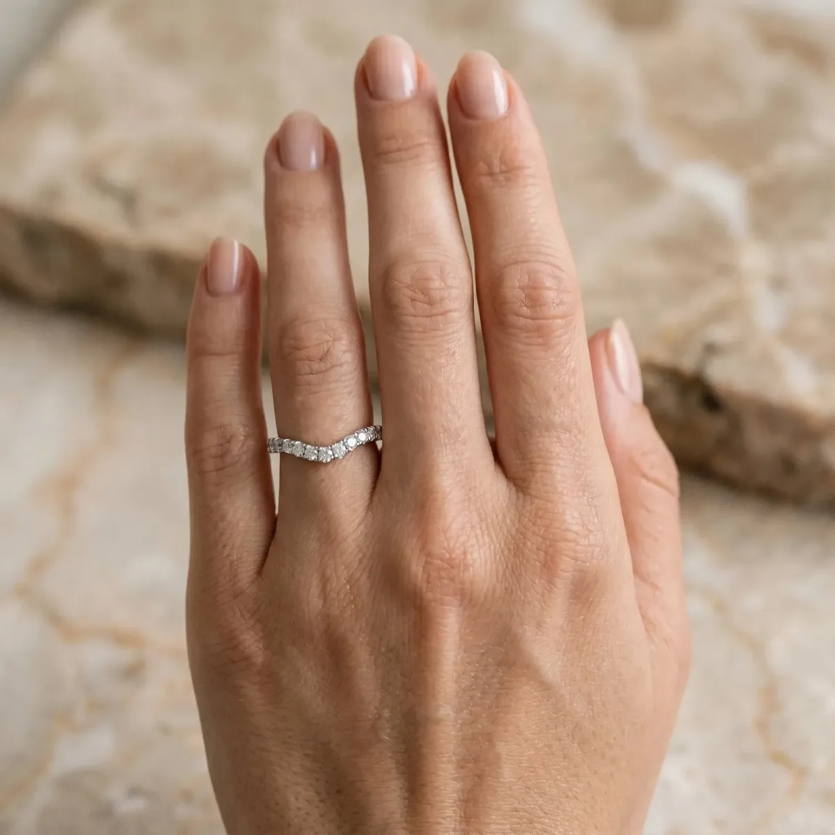 Curved Pavé Round Diamond Wedding Band with Shared Prong Setting Silver
