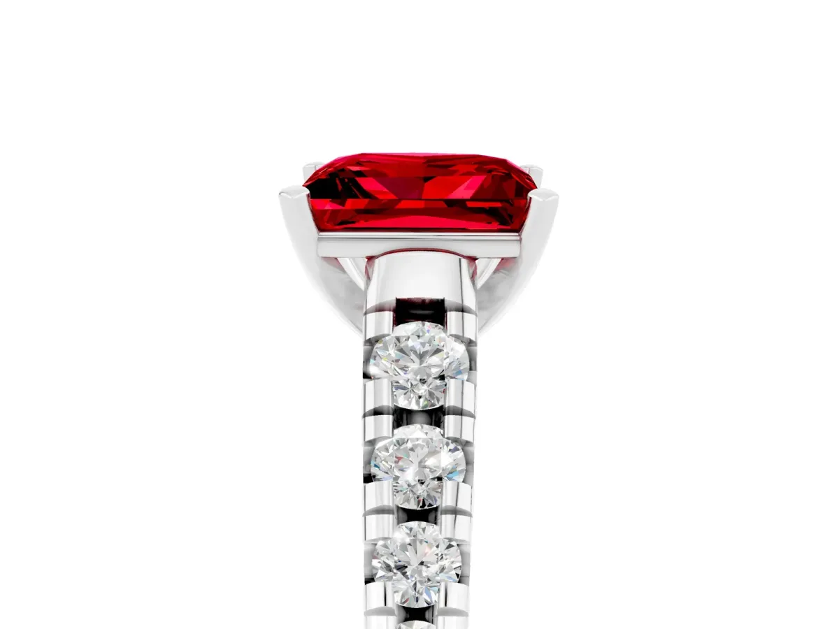 Princess Cut Ruby Cathedral Solitaire Ring with Round Pavé Band Silver