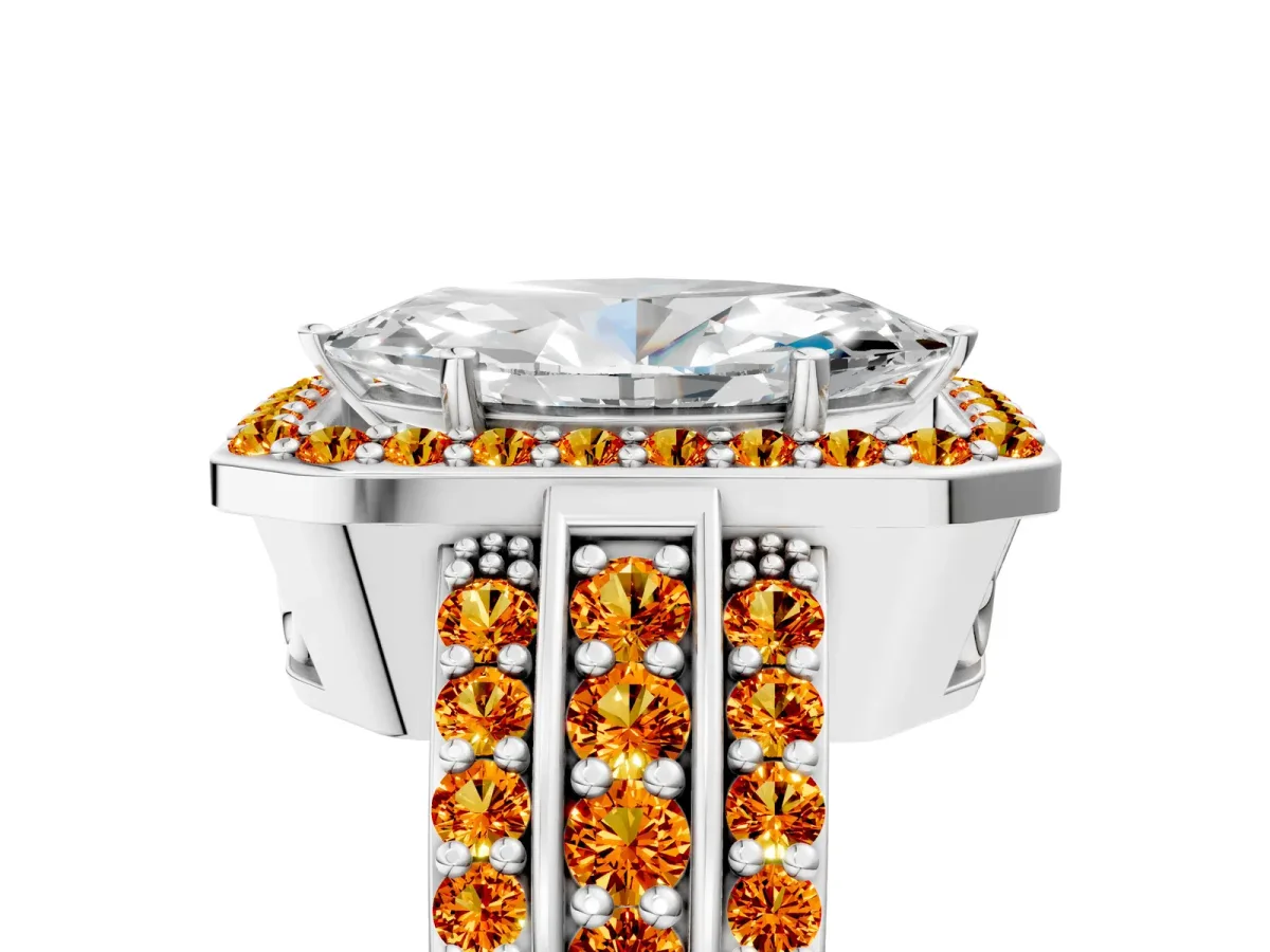 Marquise Cut Halo Diamond Ring with Round Citrine Split Shank and Prong Setting Silver