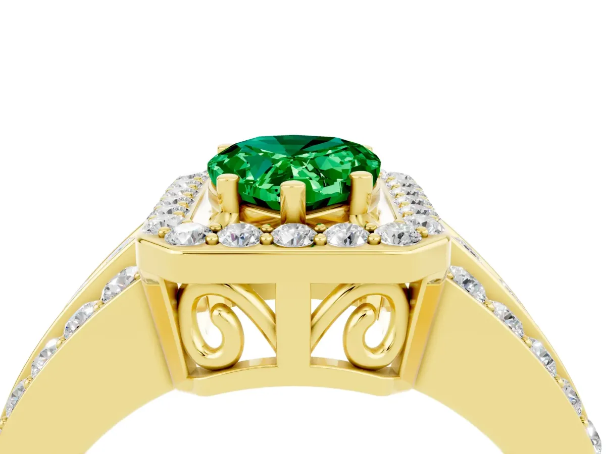 Pear Cut Halo Emerald Ring with Round Split Shank and Prong Setting Yellow gold