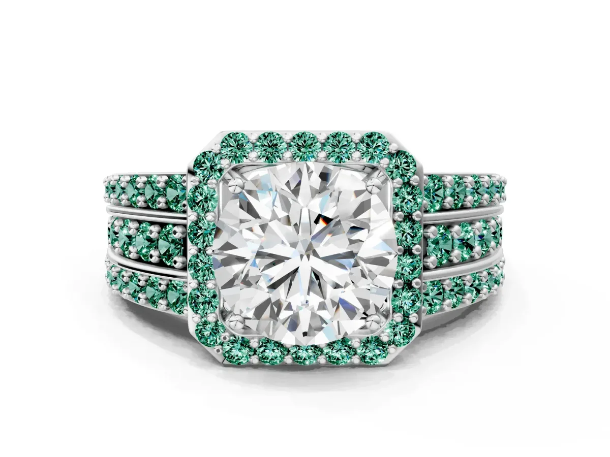 Round Cut Halo Diamond Ring with Round Green Sapphire Split Shank and Prong Setting Silver