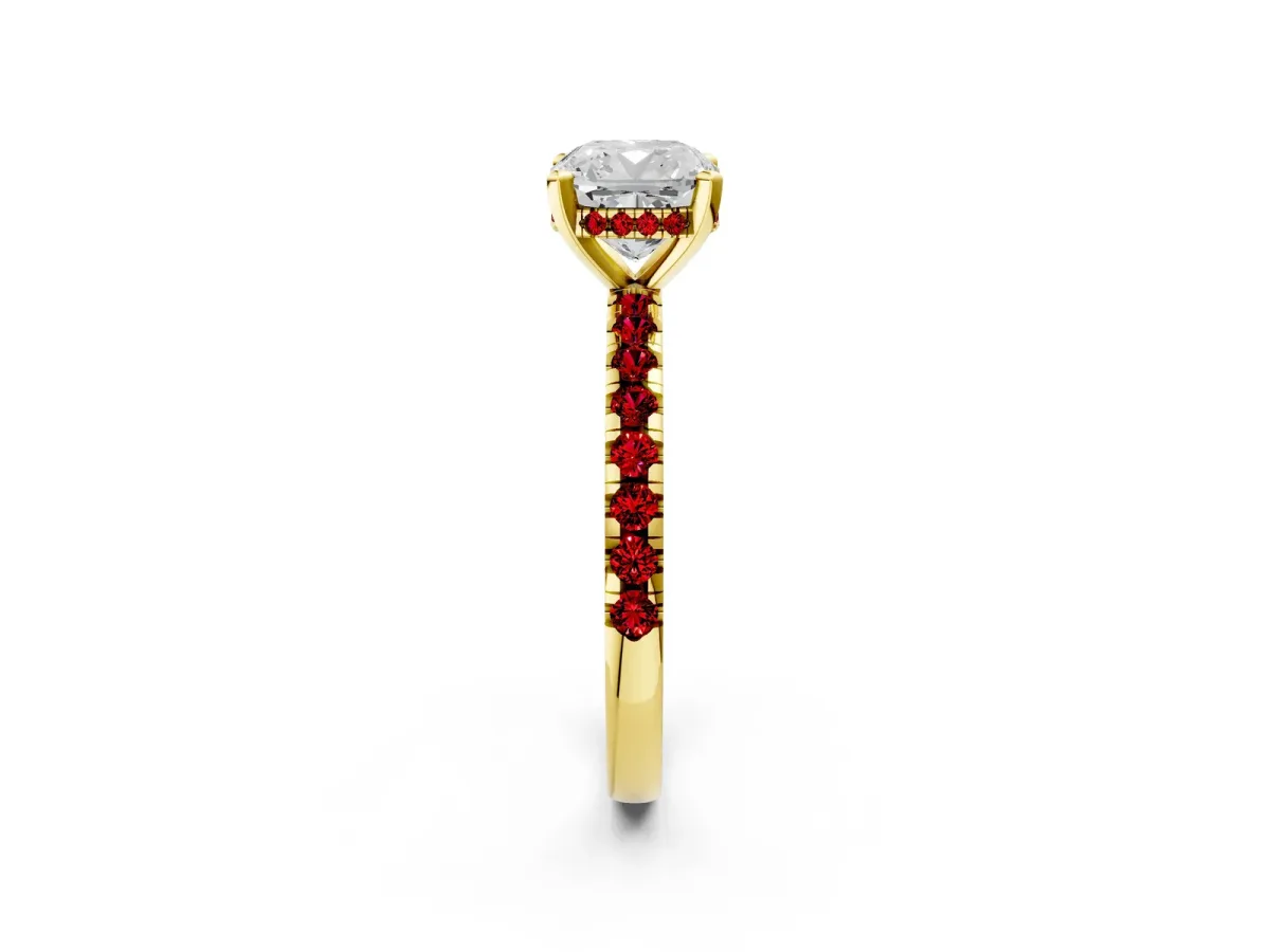 Cushion Cut Diamond Solitaire Ring with Round Ruby Pavé Band and Four-Prong Setting Yellow gold