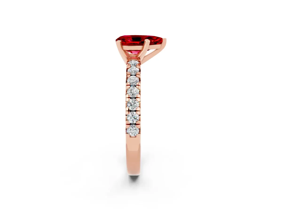 Pear Cut Ruby Solitaire Pavé Engagement Ring with Round Band and Prong Setting Rose gold
