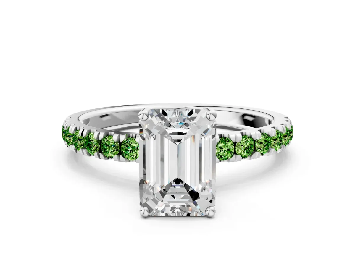 Emerald Cut Diamond Pave Band Solitaire Ring with Round Peridot and Prong Setting Silver