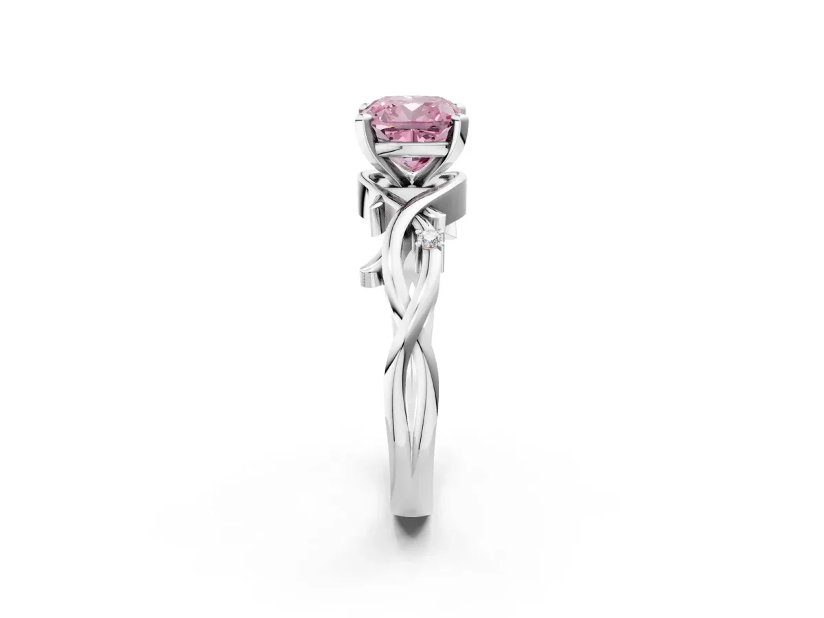 Fancy Pink Cushion Cut Diamond Solitaire Ring with Twisted Band and Prong Setting Silver