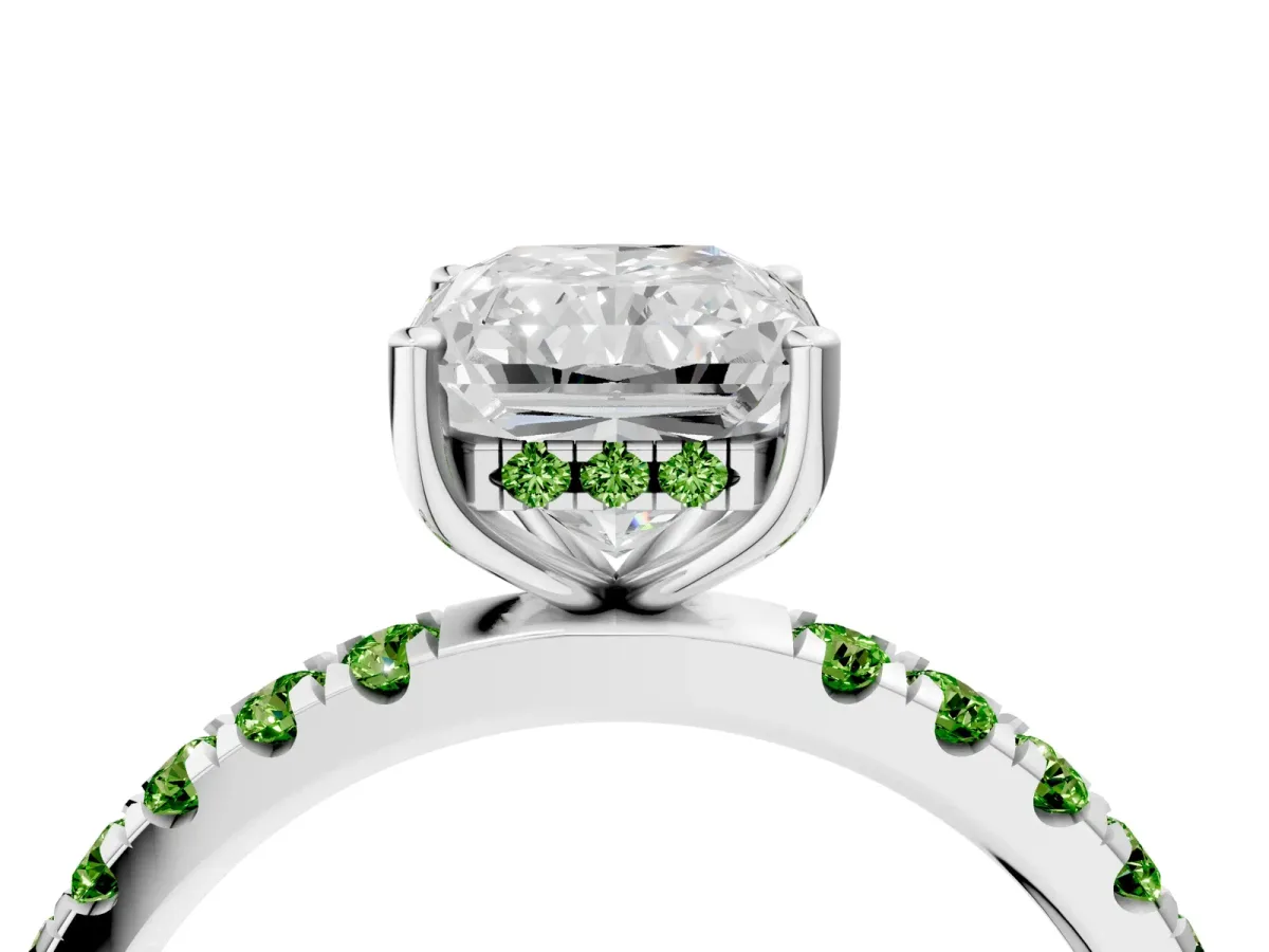 Radiant Cut Diamond Pave Band Solitaire Ring with Round Peridot and Prong Setting Silver